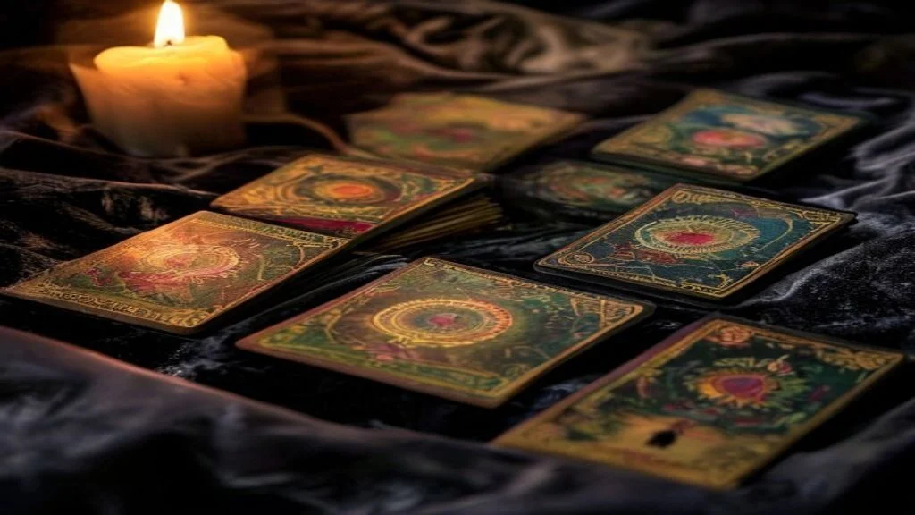 Face-down tarot cards in a row on dark velvet cloth by candlelight