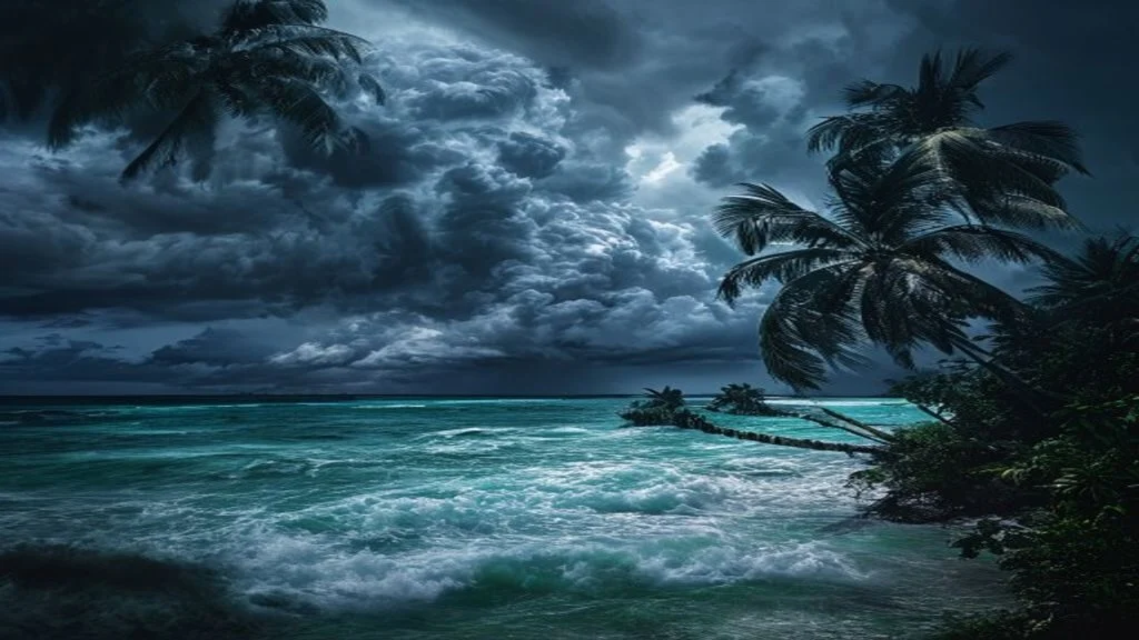 Dark storm clouds gathering over a tropical Caribbean sea with windblown palms