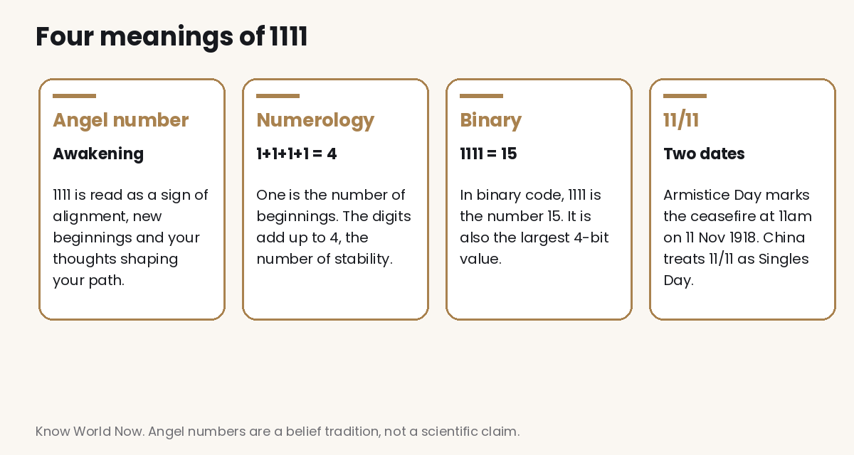 Four cards showing meanings of 1111: angel number awakening, numerology where 1+1+1+1 equals 4, binary where 1111 equals 15, and 11/11 as Armistice Day and Singles Day