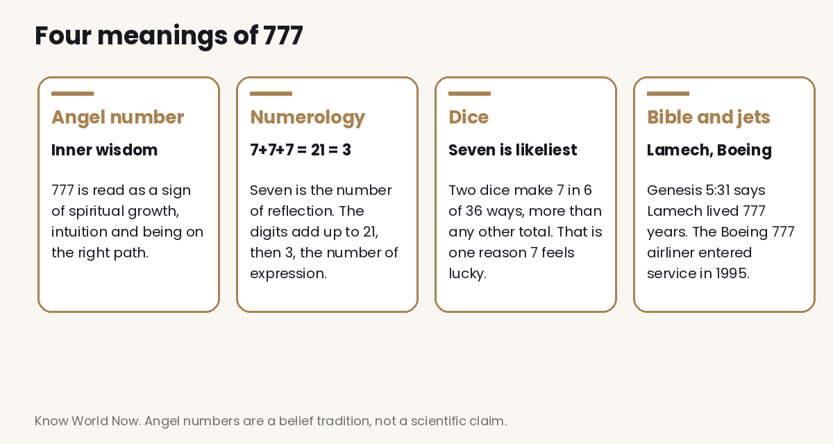 Four cards showing meanings of 777: angel number inner wisdom, numerology where 7+7+7 equals 21 and reduces to 3, seven as the likeliest total on two dice, and Lamech living 777 years in Genesis with the Boeing 777 entering service in 1995