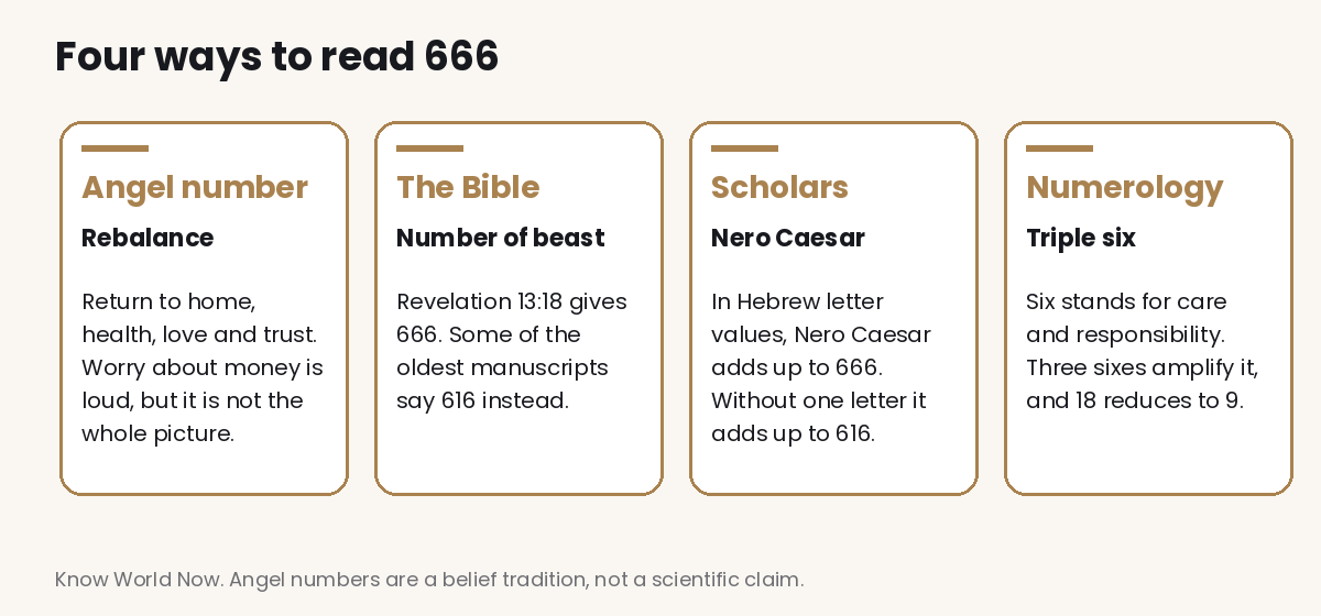 Four cards comparing readings of 666: angel number as a call to rebalance, the Bible as the number of the beast, scholars linking it to Nero Caesar, and numerology as a tripled six that reduces to nine