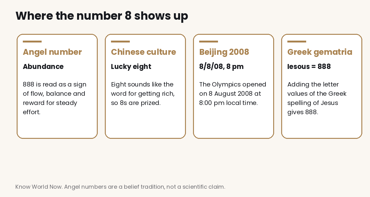 Where the number 8 shows up Four cards showing where the number 8 appears: angel number abundance, lucky eight in Chinese culture, the Beijing Olympics opening on 8 August 2008 at 8 pm, and Greek gematria where Iesous adds up to 888